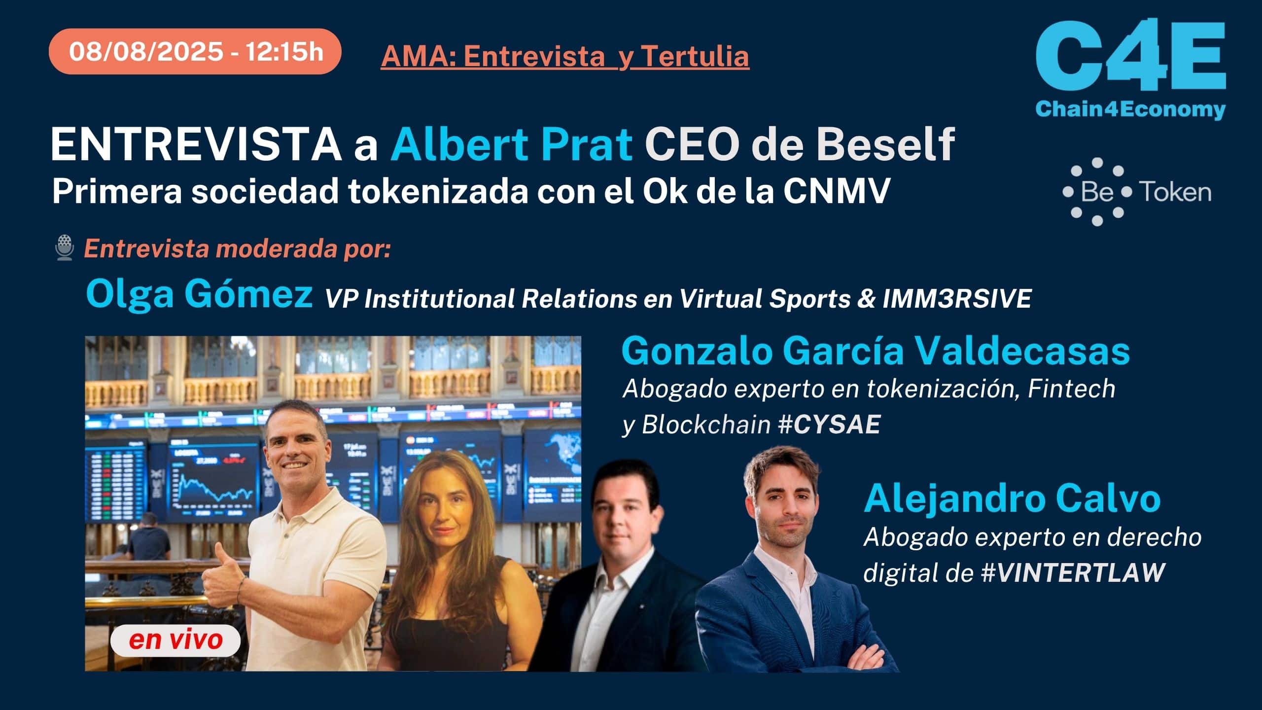 Imagen editorial de La CNMV ha aprobado la primera sociedad tokenizada: Beself de Albert Prats, su CEO nos hará un AMA el próximo viernes 8/8/25